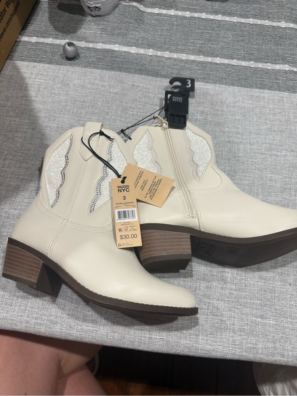 Madden NYC Women's Cream Western Ankle Booties with Glitter Detail